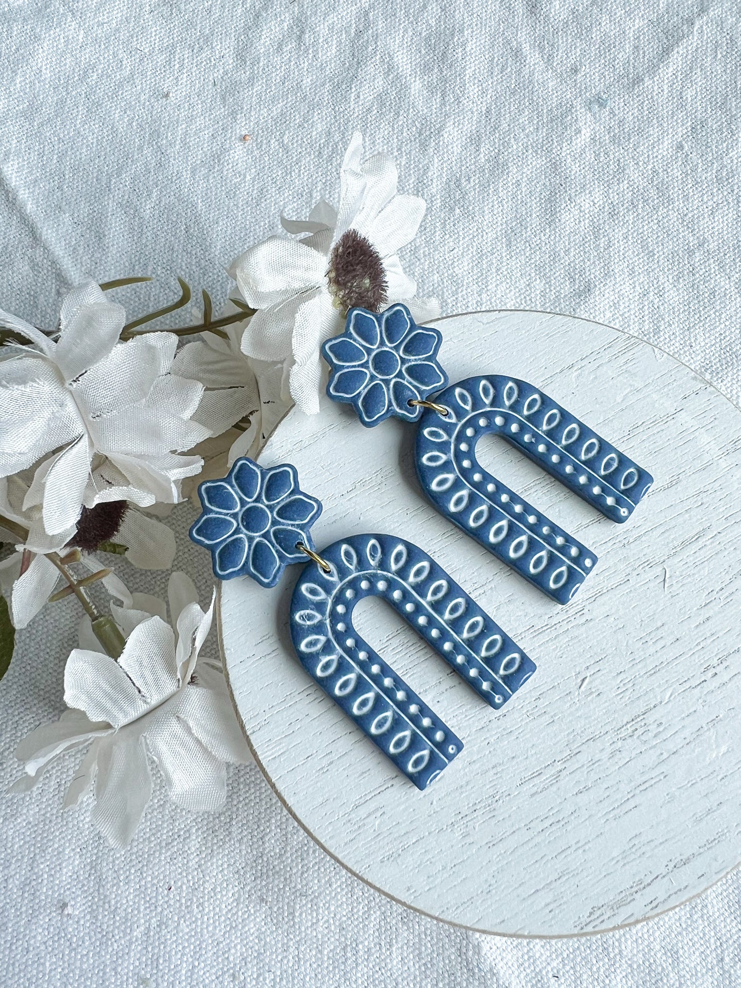 Decorative Embossed Blue Arched Polymer Clay Earrings | Santorini Collection