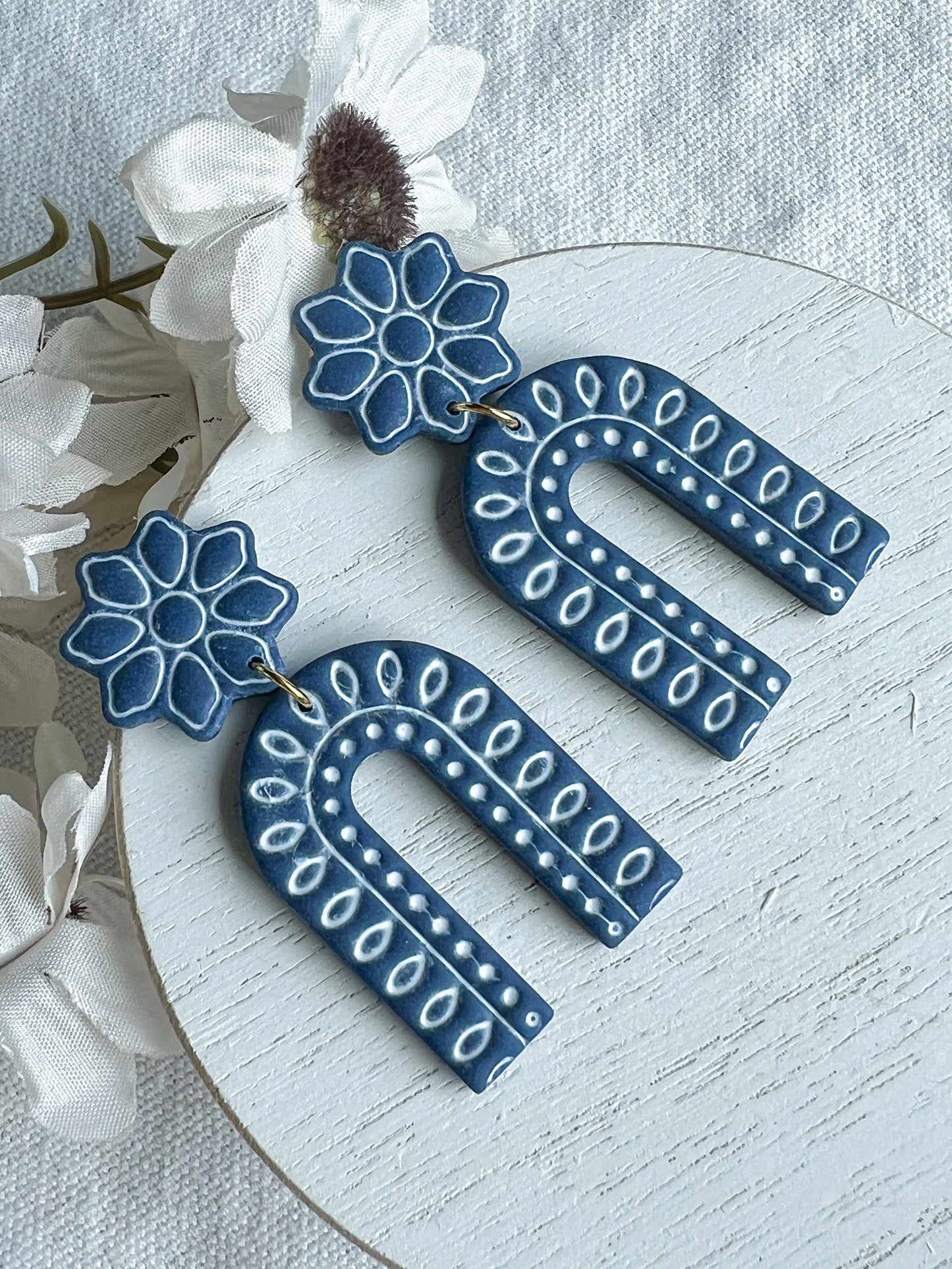 Decorative Embossed Blue Arched Polymer Clay Earrings | Santorini Collection