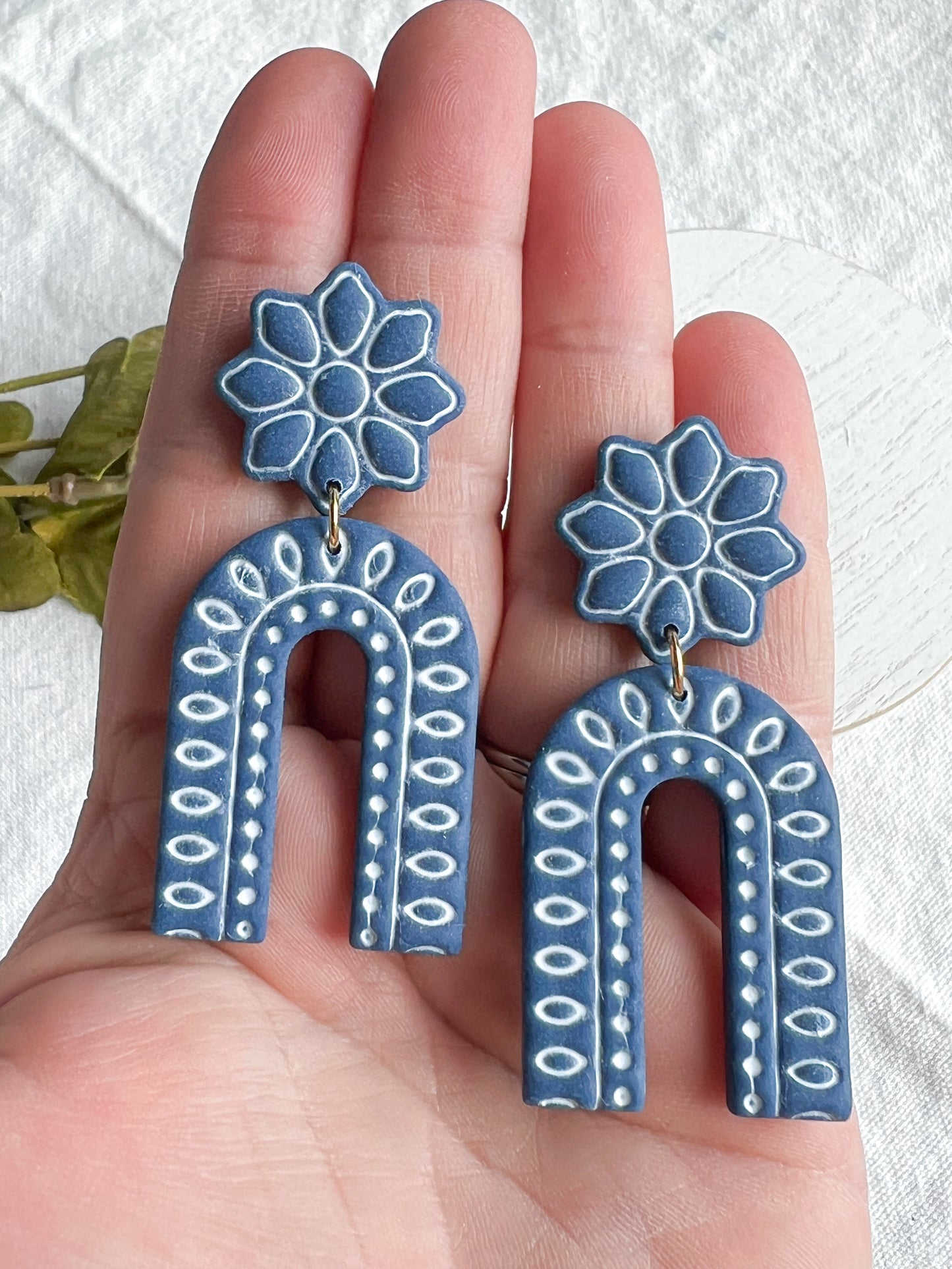 Decorative Embossed Blue Arched Polymer Clay Earrings | Santorini Collection