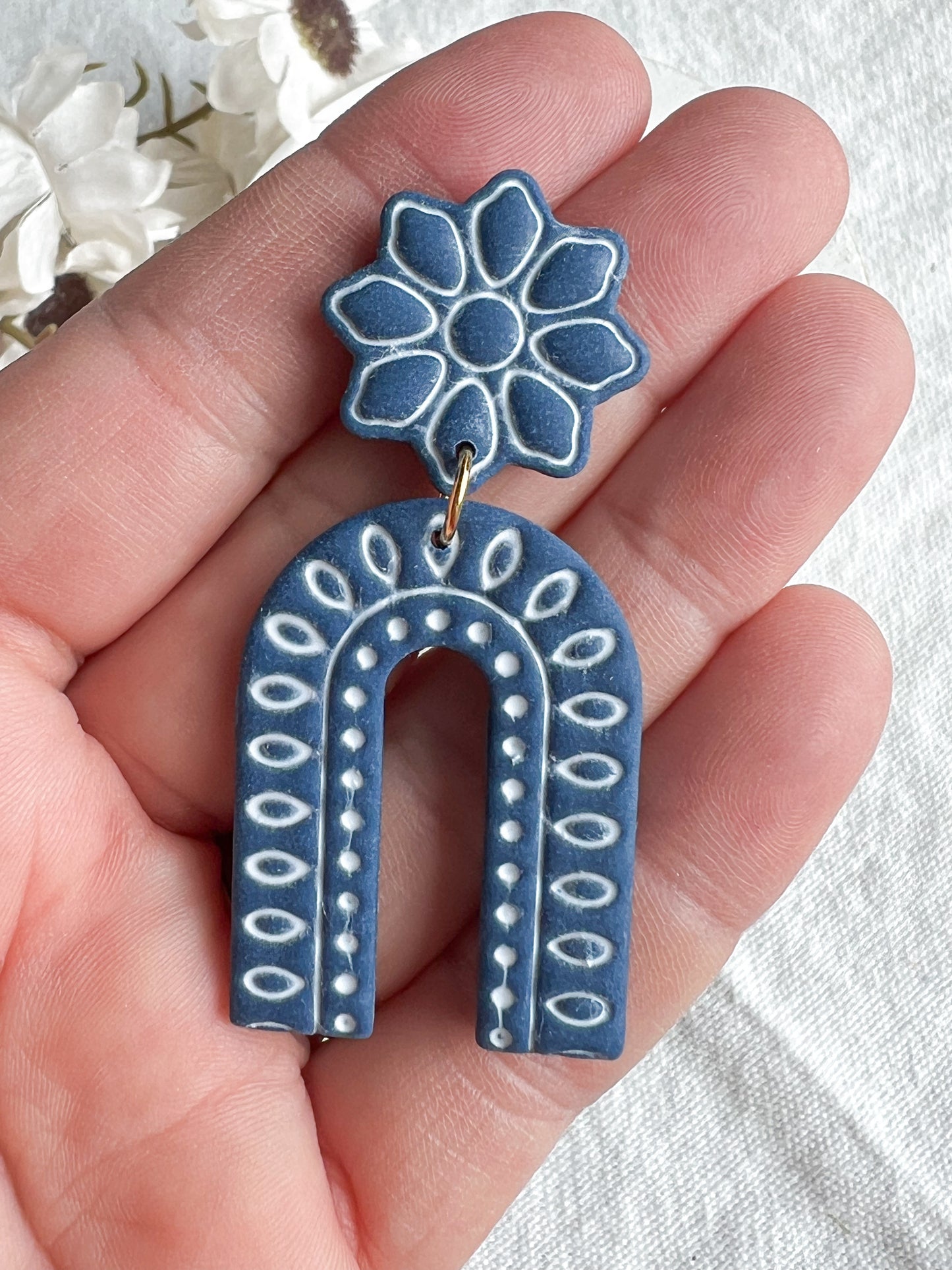 Decorative Embossed Blue Arched Polymer Clay Earrings | Santorini Collection