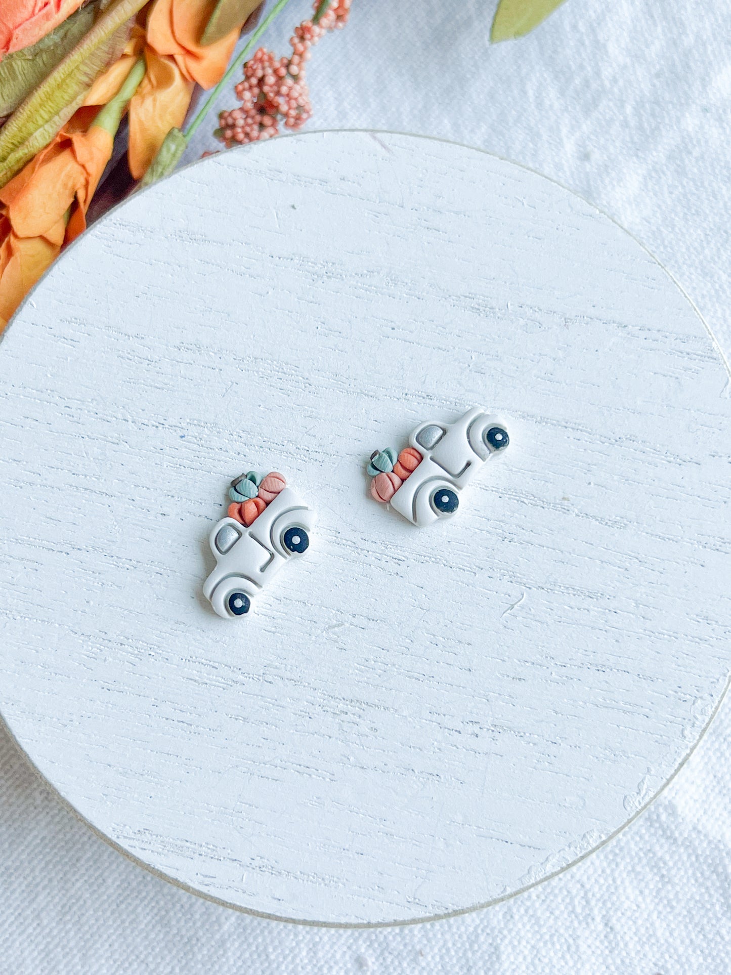 Autumn Cream Truck with Colored Pumpkins Polymer Clay Studs