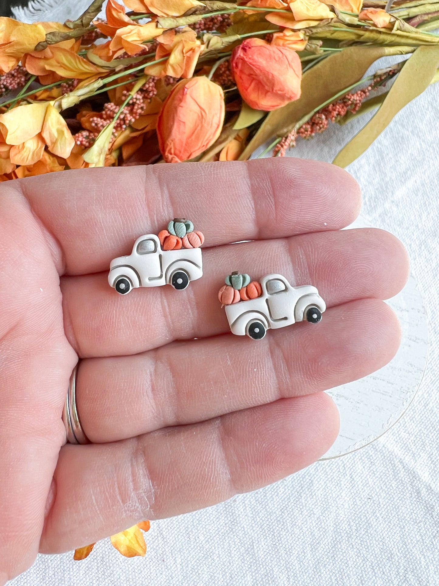 Autumn Cream Truck with Colored Pumpkins Polymer Clay Studs