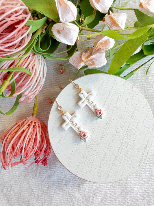 Faith Cross with Floral Details Polymer Clay Earrings