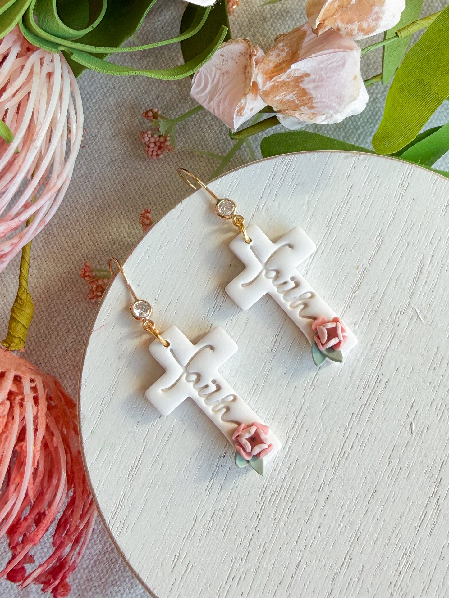 Faith Cross with Floral Details Polymer Clay Earrings