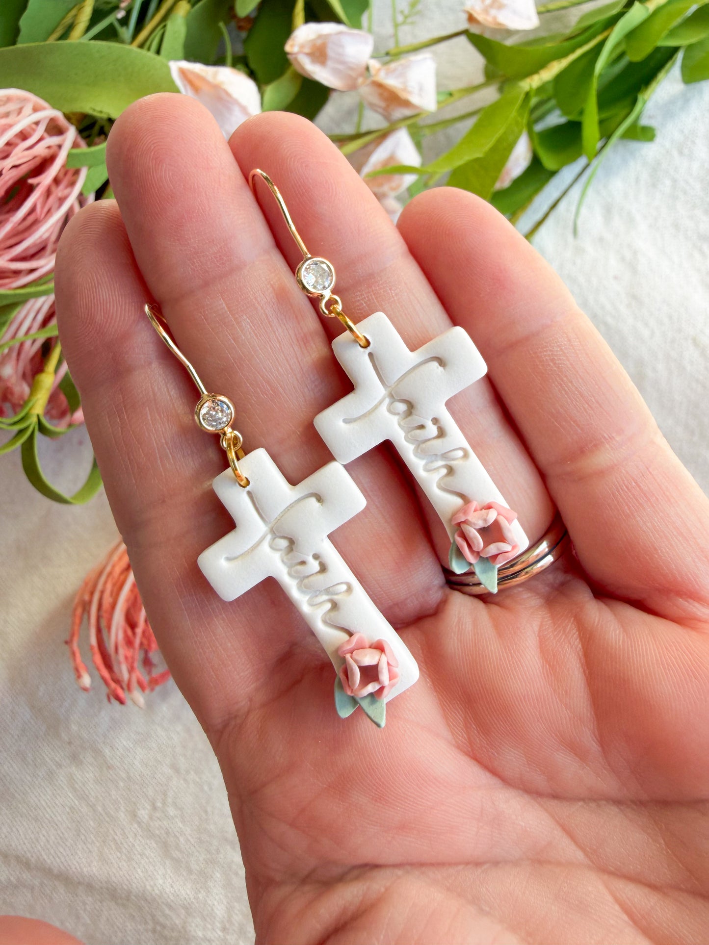 Faith Cross with Floral Details Polymer Clay Earrings