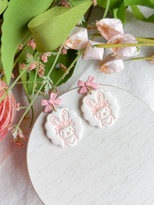 Floral Bunny Dangles with Pink Bow Polymer Clay Earrings