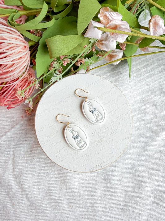 Vintage Powder Blue Embossed Bunny Polymer Clay Earrings