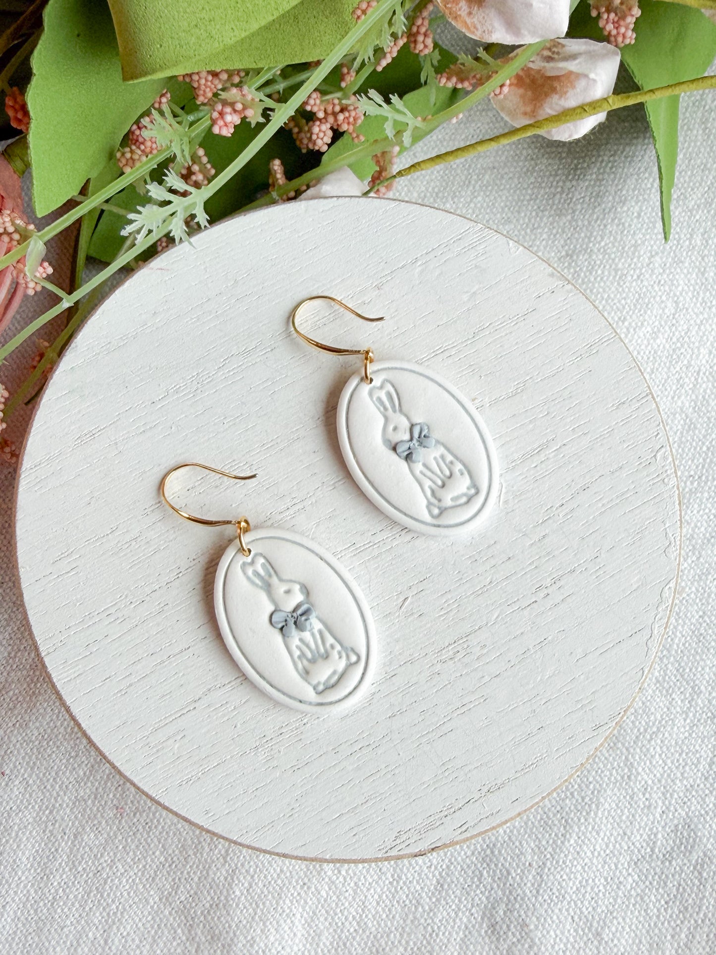 Vintage Powder Blue Embossed Bunny Polymer Clay Earrings