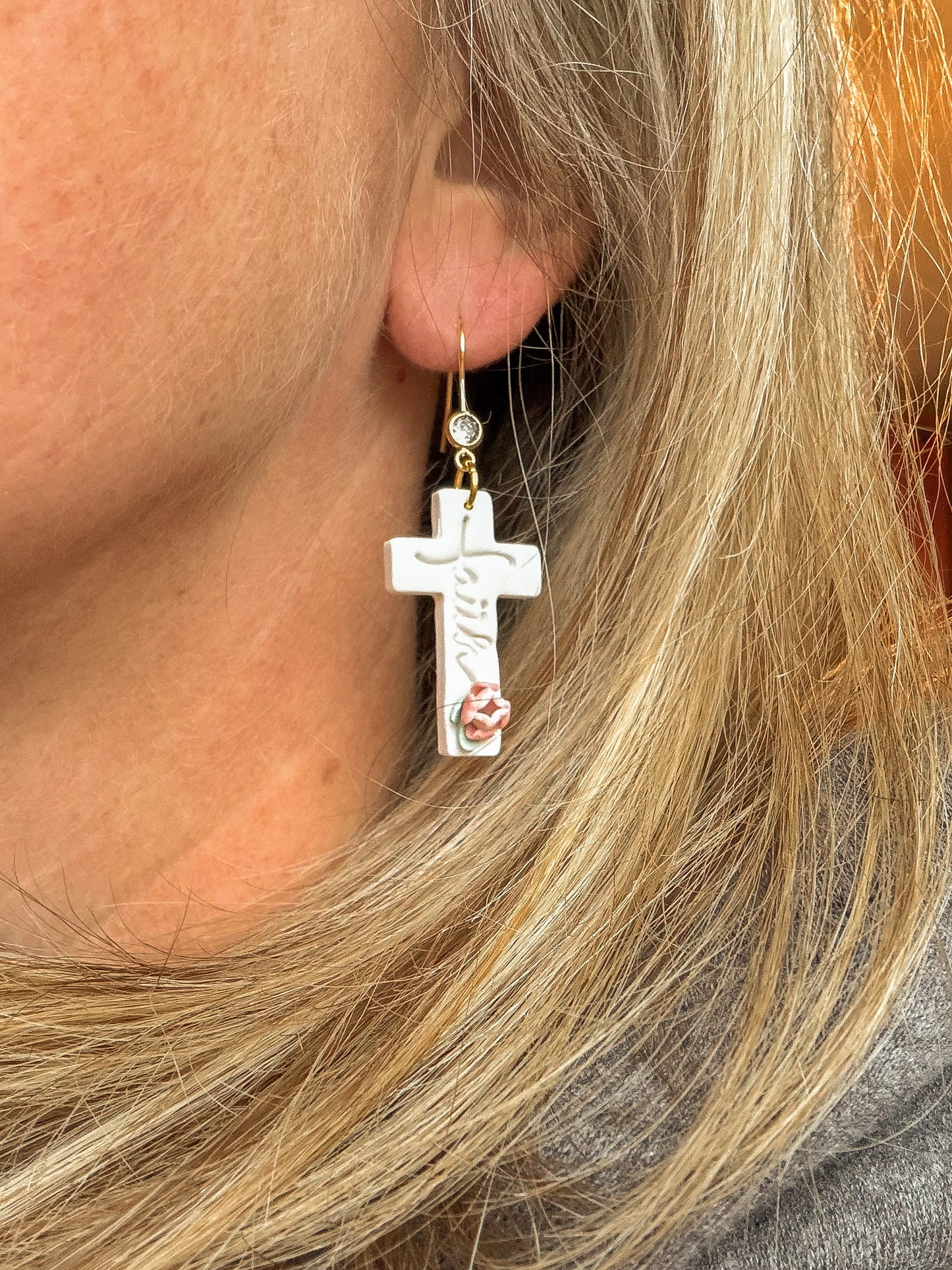 Faith Cross with Floral Details Polymer Clay Earrings
