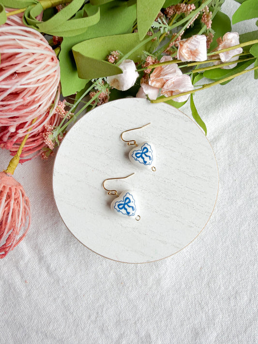 Dutch Delft Blue Bow Heart Shaped Polymer Clay Earrings