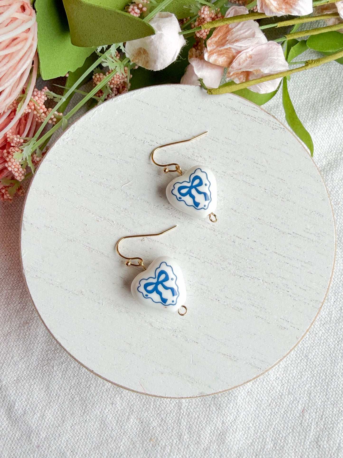 Dutch Delft Blue Bow Heart Shaped Polymer Clay Earrings
