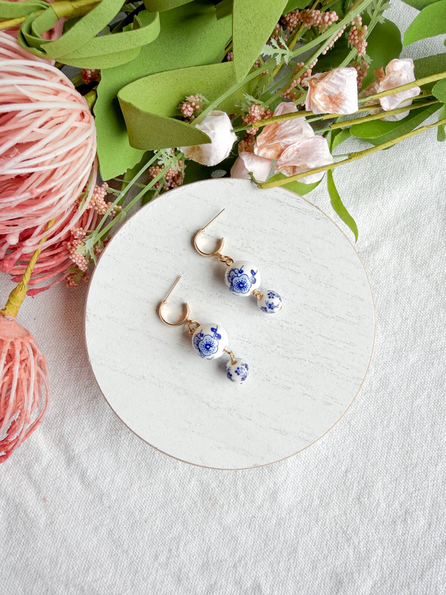 Dutch Delft Blue Floral Bead Drop Polymer Clay Earrings