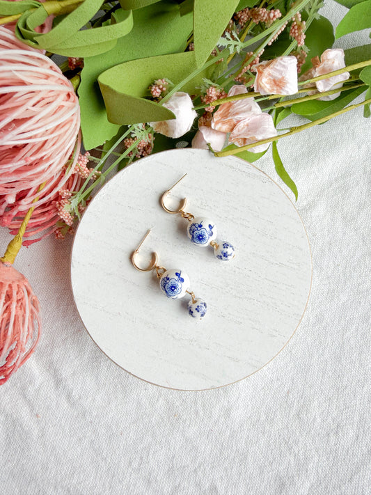 Dutch Delft Blue Floral Bead Drop Polymer Clay Earrings