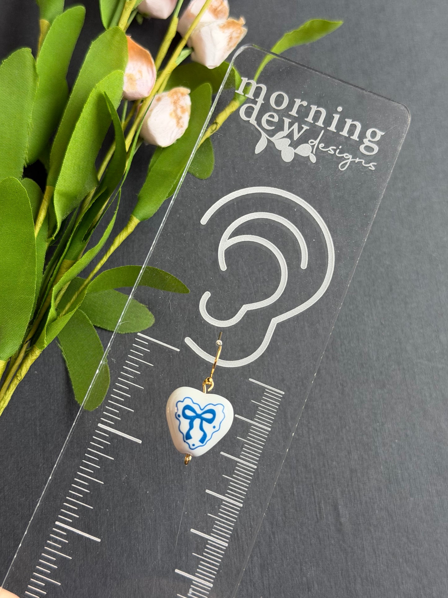 Dutch Delft Blue Bow Heart Shaped Polymer Clay Earrings