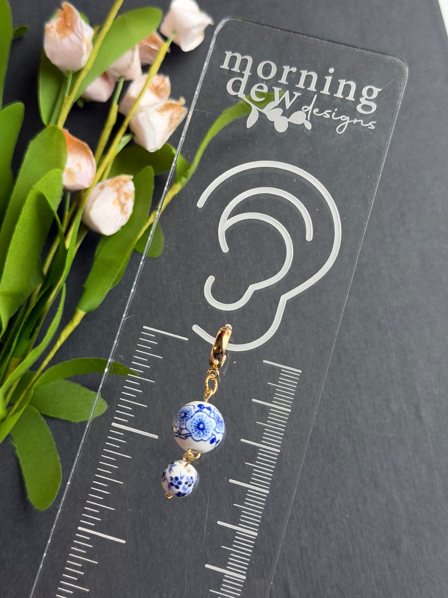 Dutch Delft Blue Floral Bead Drop Polymer Clay Earrings