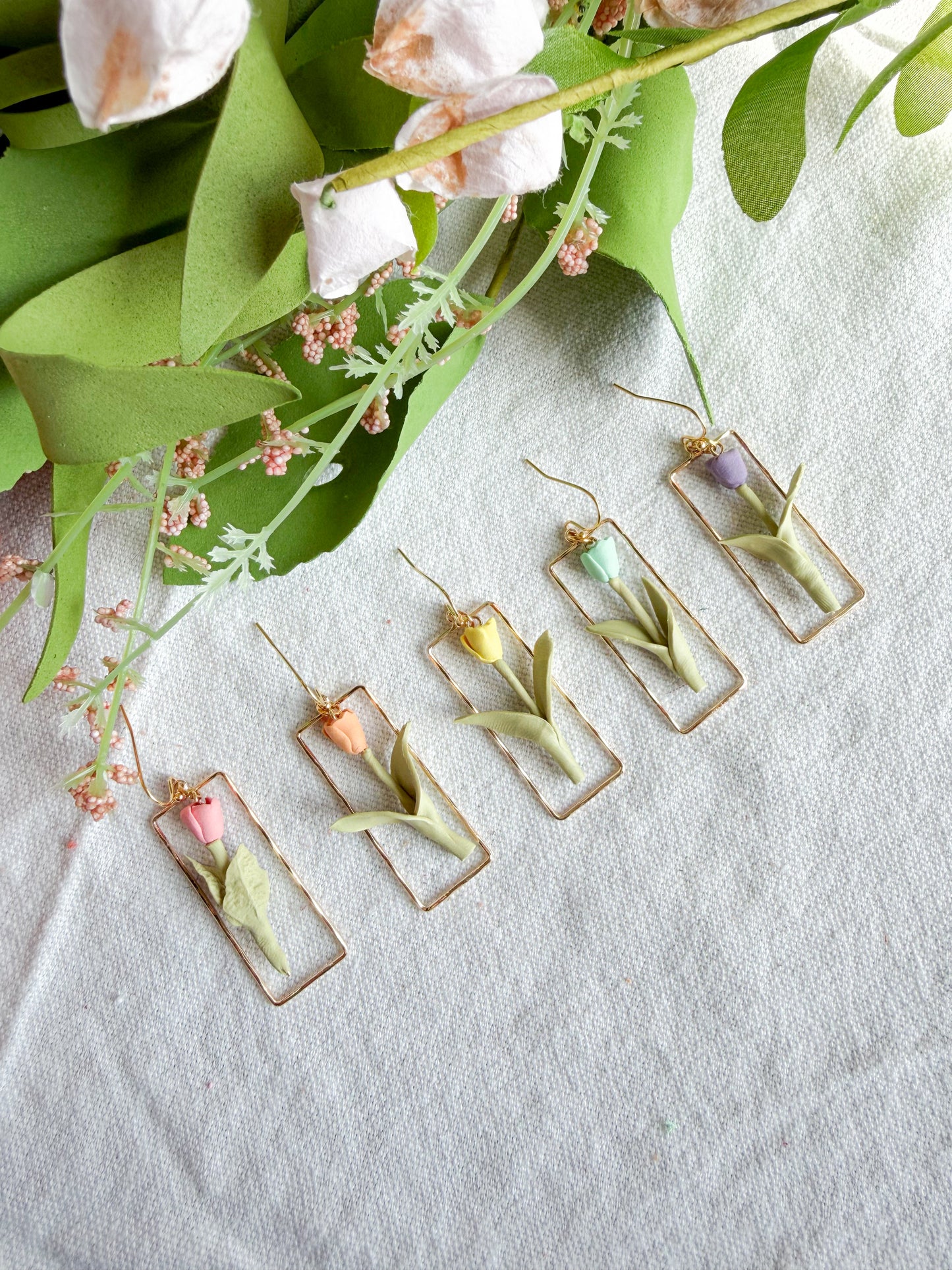 Gold Framed Dangled Tulip Polymer Clay Earrings
