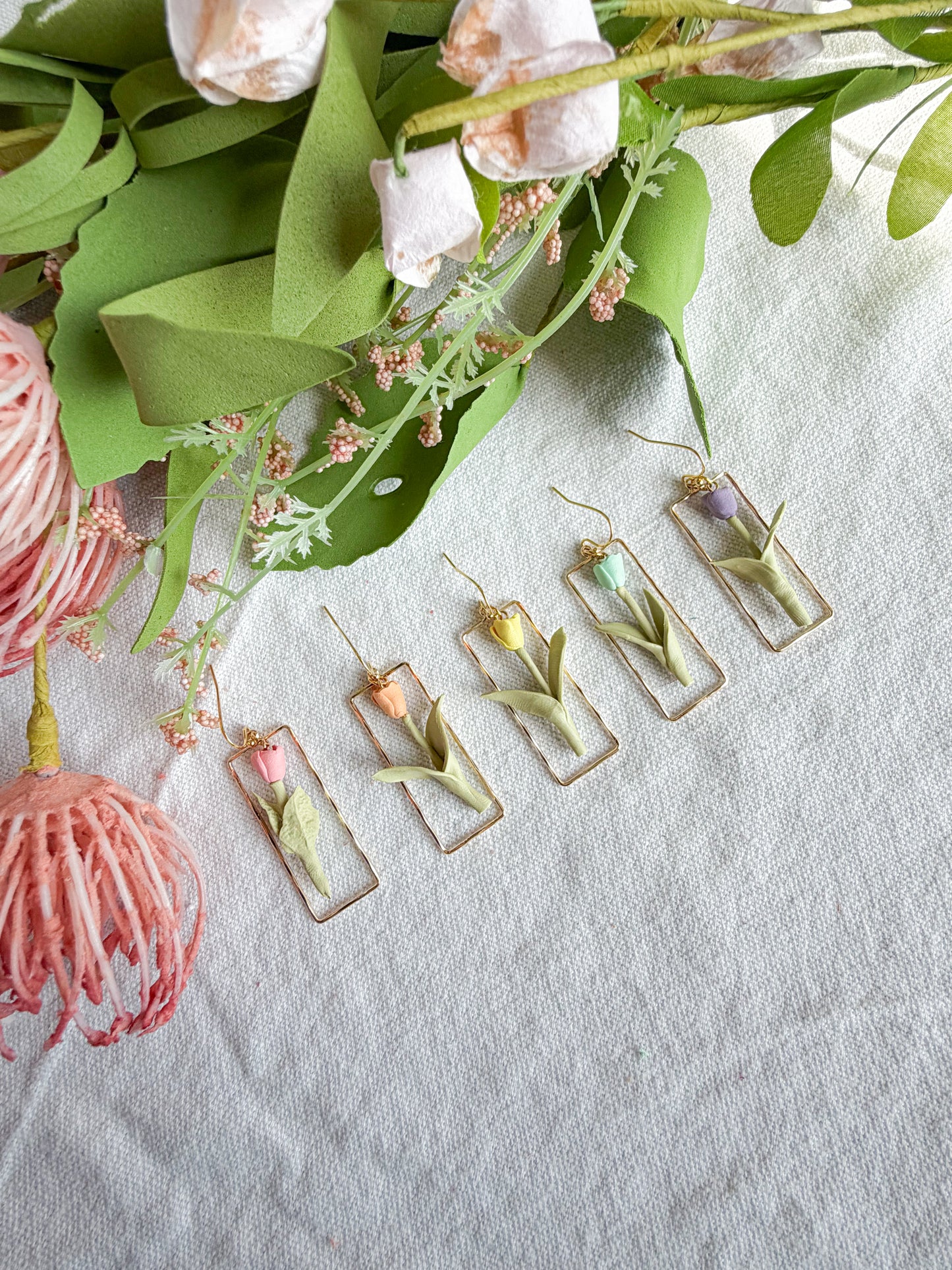 Gold Framed Dangled Tulip Polymer Clay Earrings