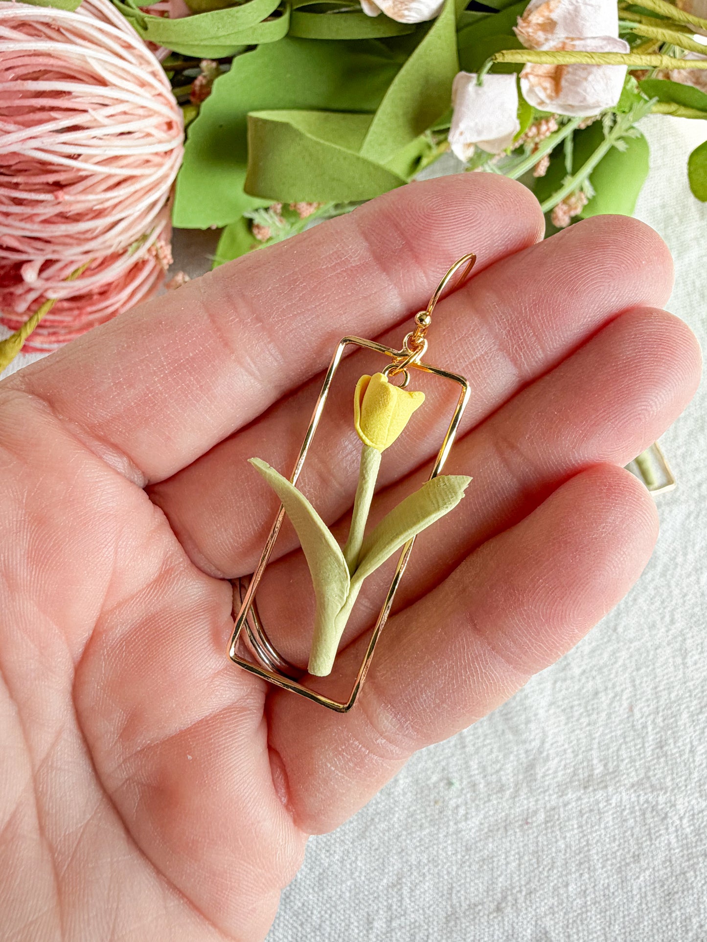 Gold Framed Dangled Tulip Polymer Clay Earrings