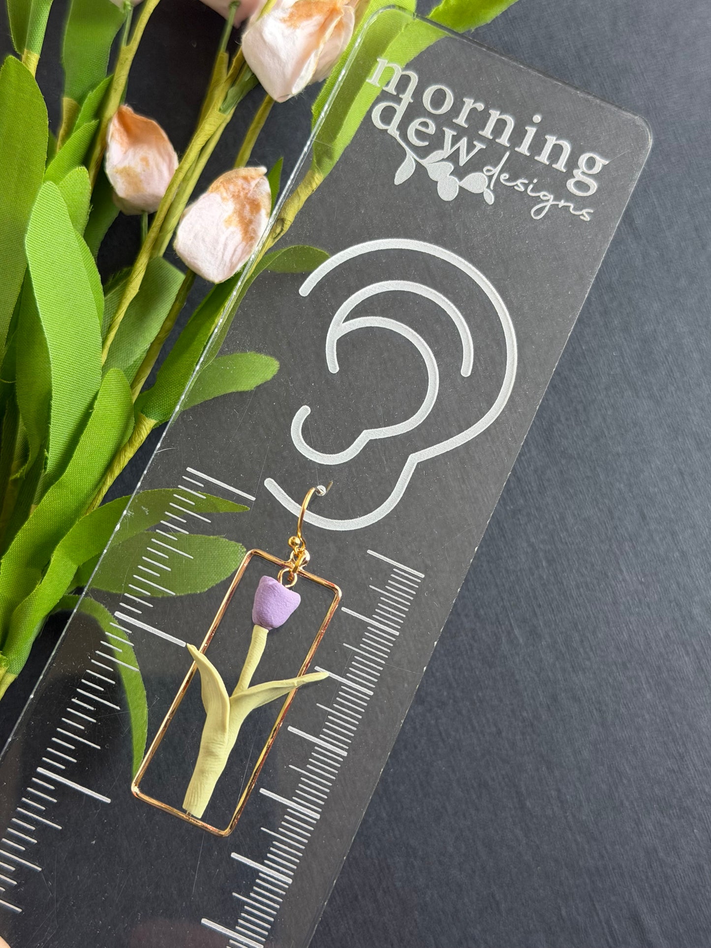 Gold Framed Dangled Tulip Polymer Clay Earrings