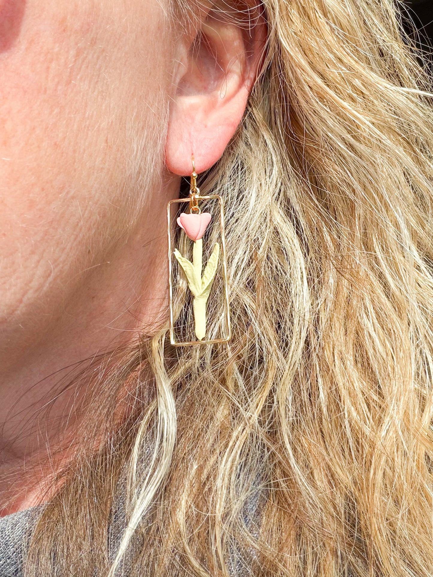 Gold Framed Dangled Tulip Polymer Clay Earrings
