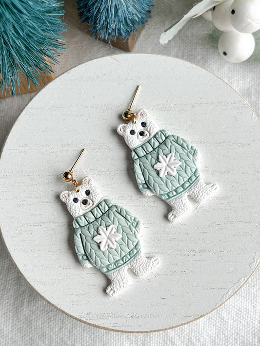 Fuzzy Snowflake Sweater Polar Bear Polymer Clay Earrings