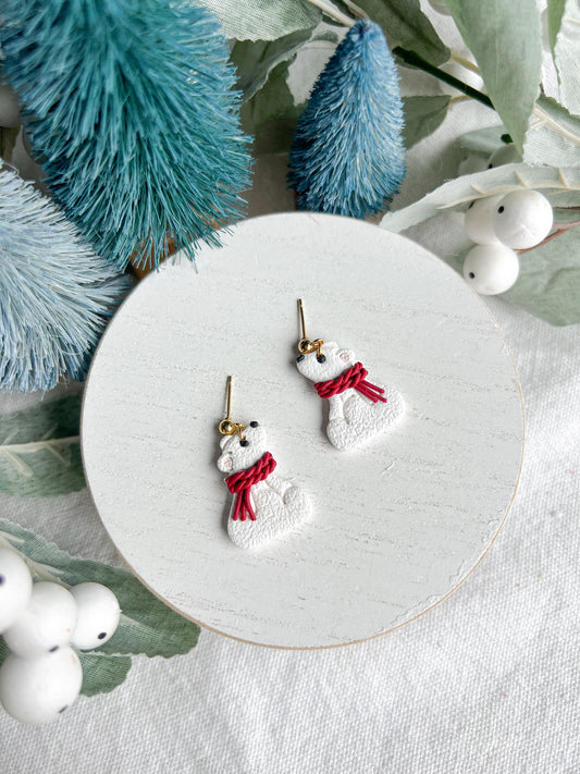 Fuzzy Red Scarf Polar Bear Polymer Clay Earrings