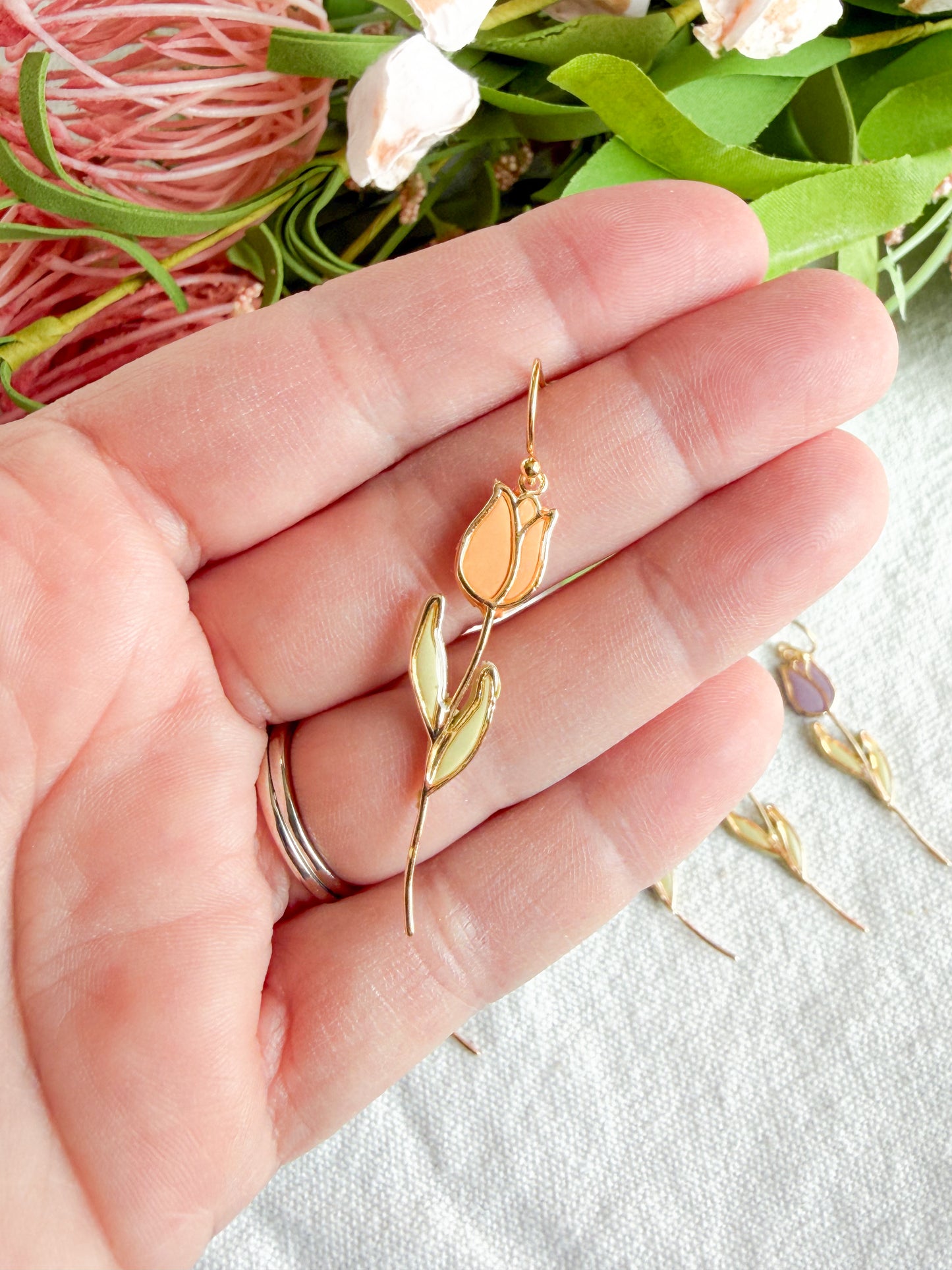 Gold Bezel Dainty Pastel Tulip Polymer Clay Earrings