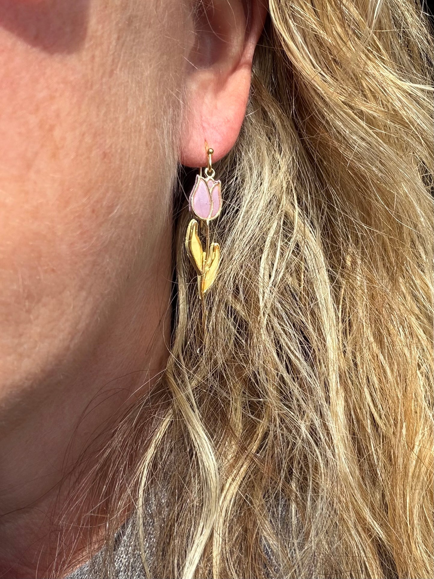 Gold Bezel Dainty Pastel Tulip Polymer Clay Earrings
