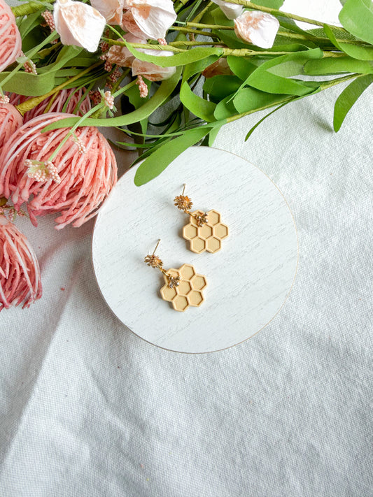 Honeycomb Bee with Gold Flower Stud Polymer Clay Earrings
