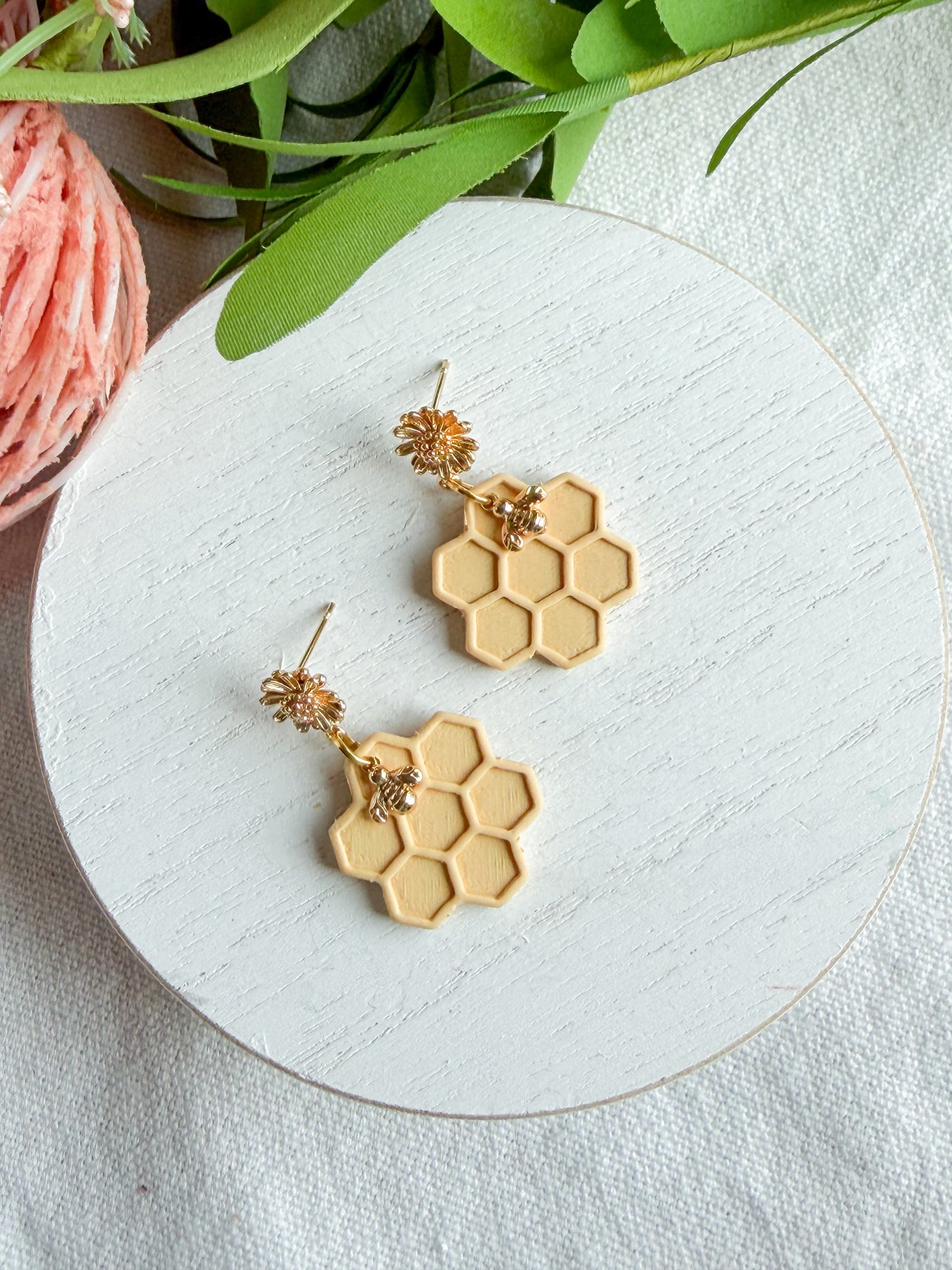 Honeycomb Bee with Gold Flower Stud Polymer Clay Earrings