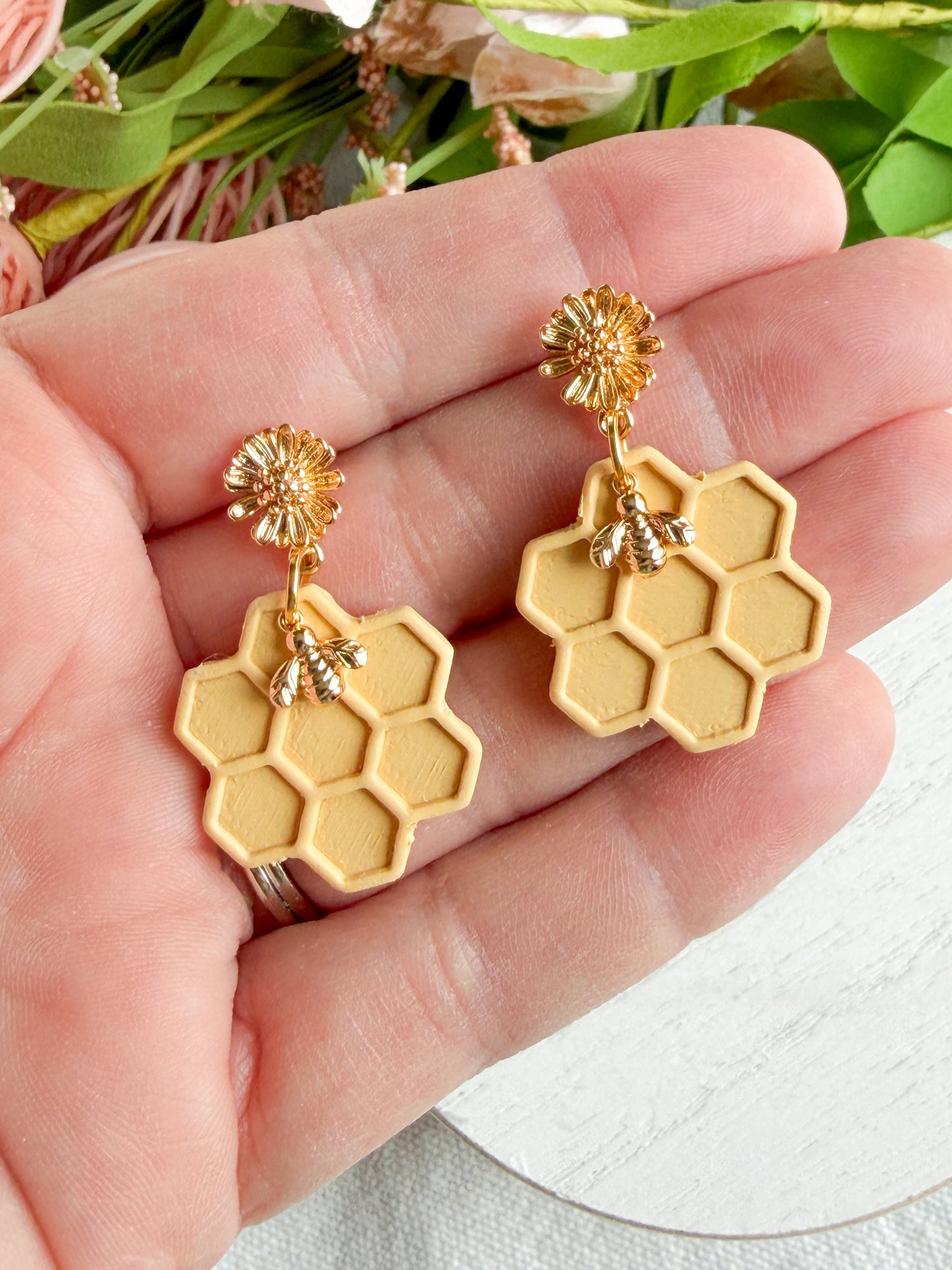 Honeycomb Bee with Gold Flower Stud Polymer Clay Earrings