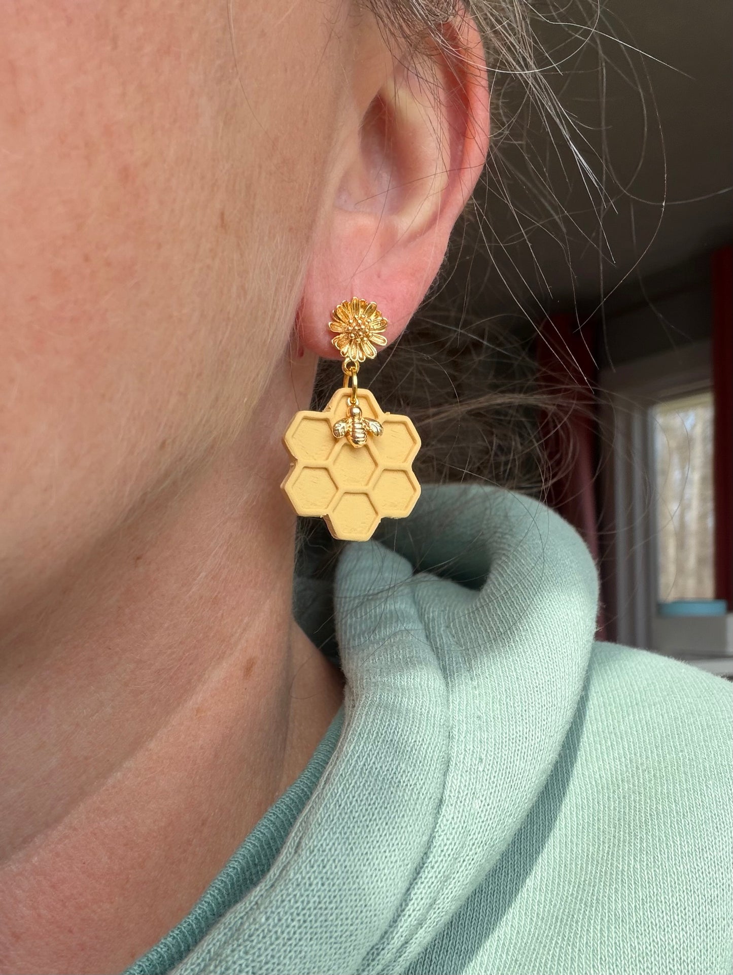 Honeycomb Bee with Gold Flower Stud Polymer Clay Earrings