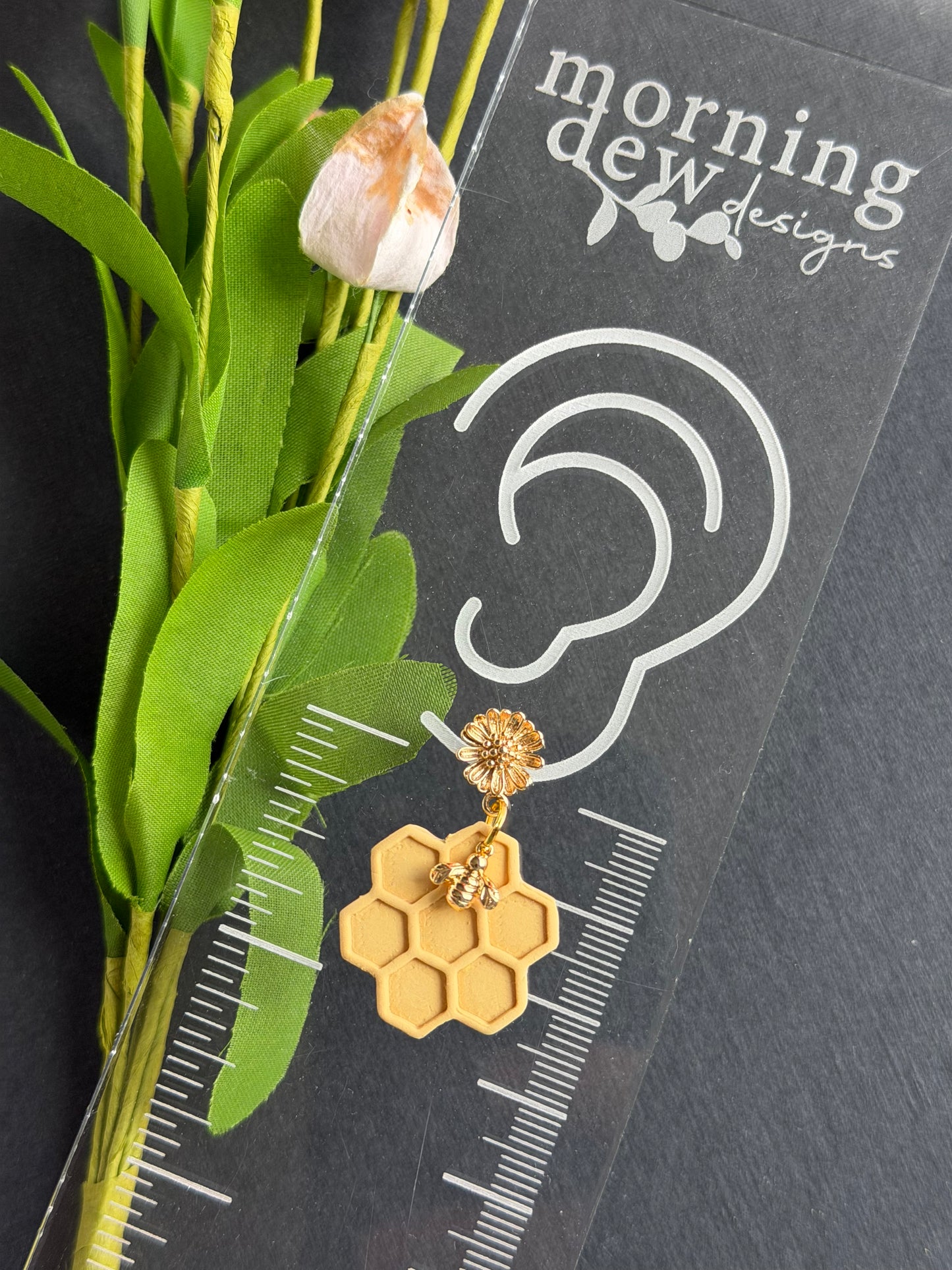 Honeycomb Bee with Gold Flower Stud Polymer Clay Earrings