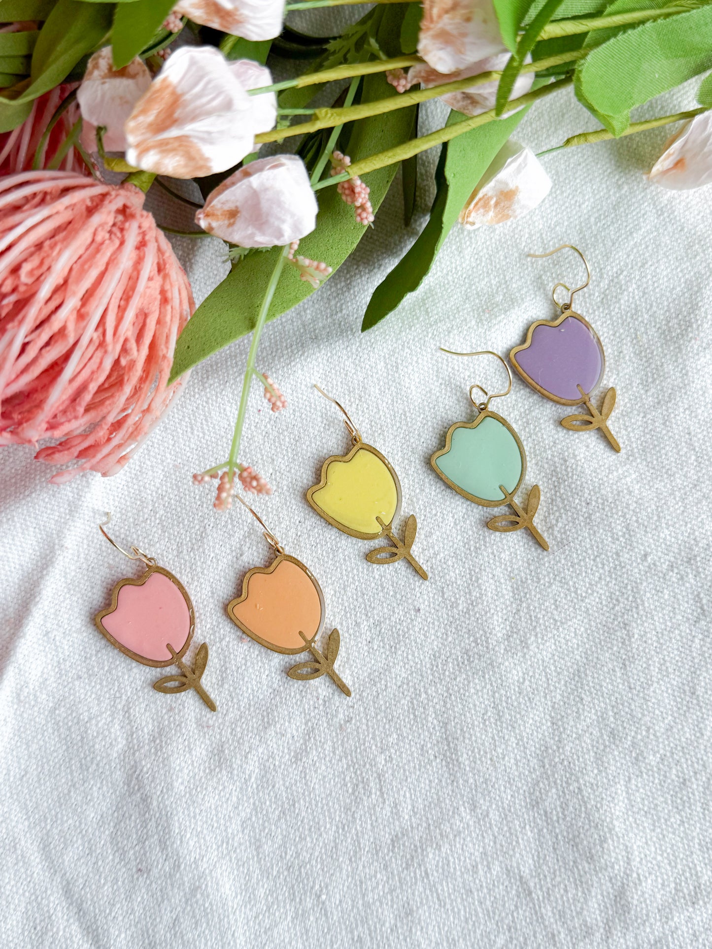 Gold Bezel Modern Pastel Tulip Polymer Clay Earrings