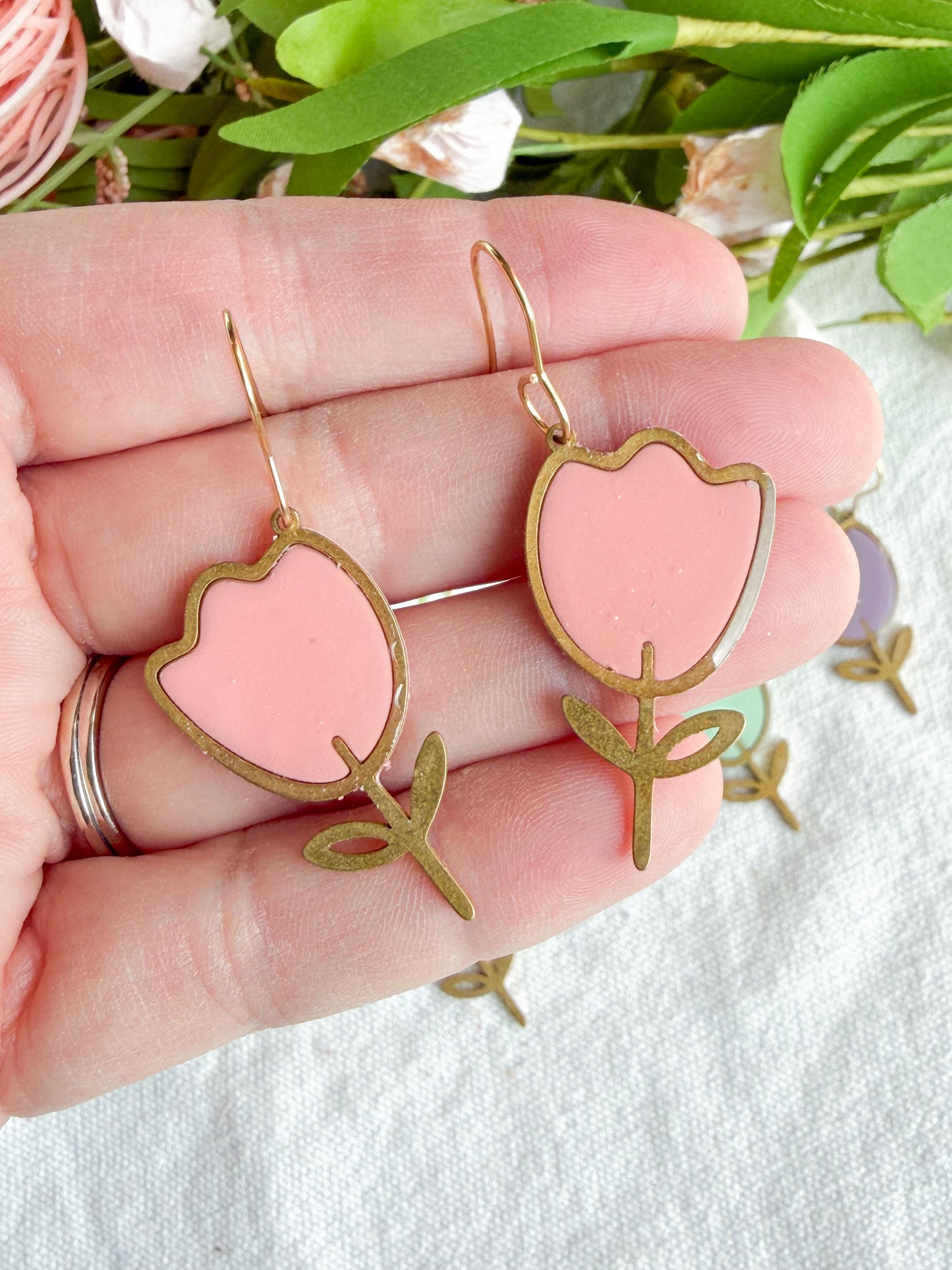 Gold Bezel Modern Pastel Tulip Polymer Clay Earrings