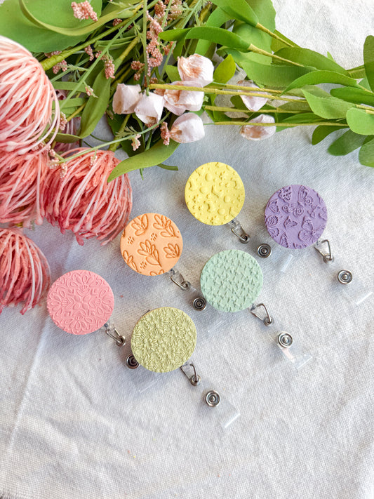 Floral Polymer Clay ID Badge: Textured Bright Pastel Retractable Badge