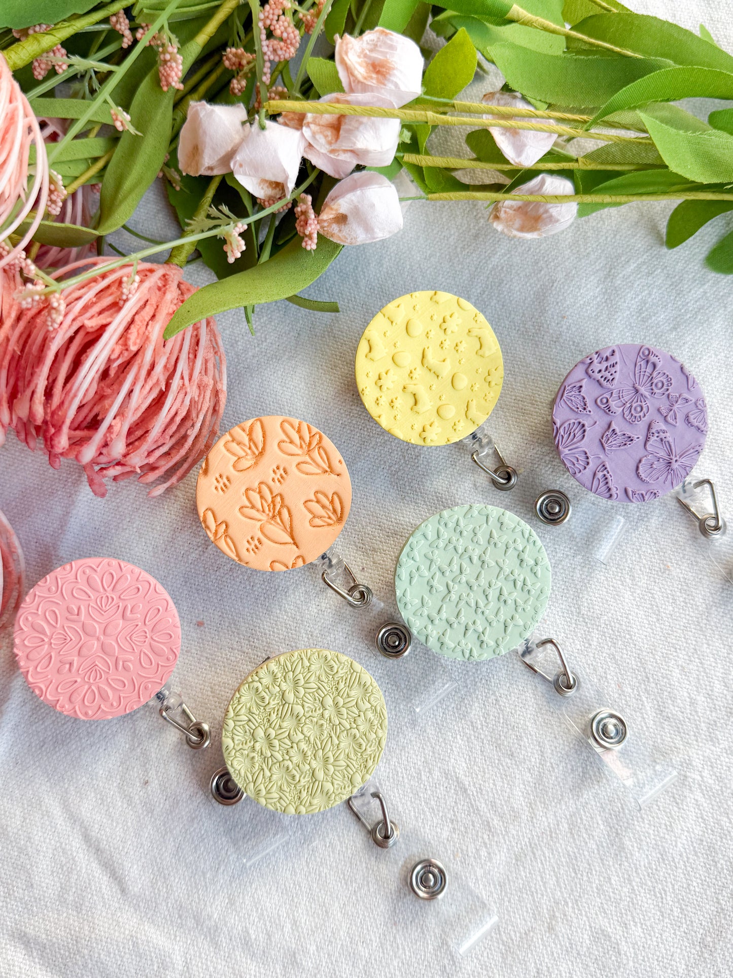 Floral Polymer Clay ID Badge: Textured Bright Pastel Retractable Badge