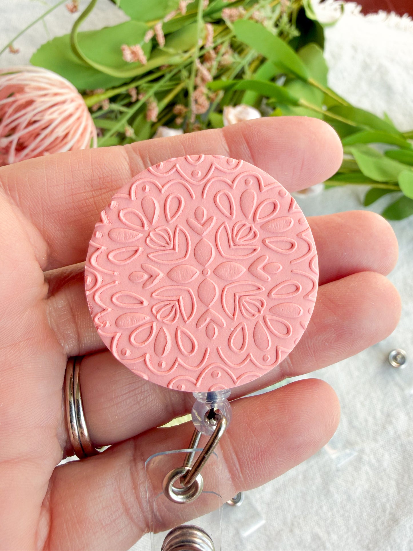 Floral Polymer Clay ID Badge: Textured Bright Pastel Retractable Badge