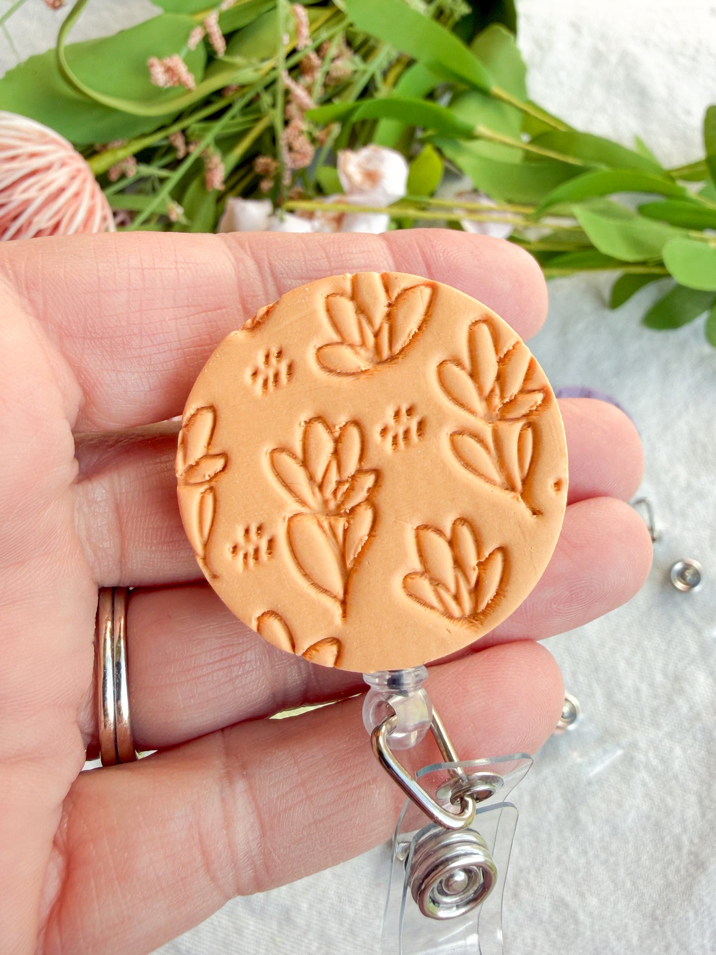 Floral Polymer Clay ID Badge: Textured Bright Pastel Retractable Badge