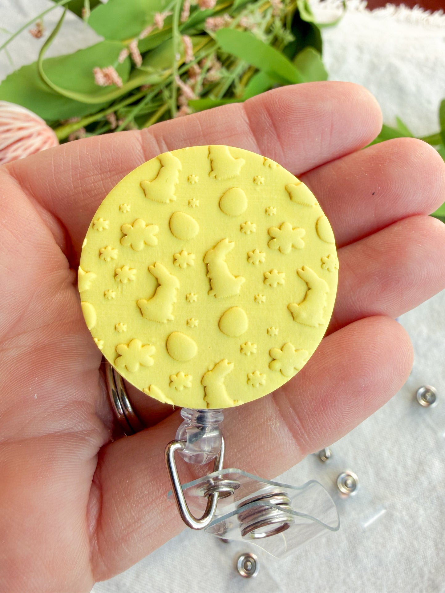 Floral Polymer Clay ID Badge: Textured Bright Pastel Retractable Badge