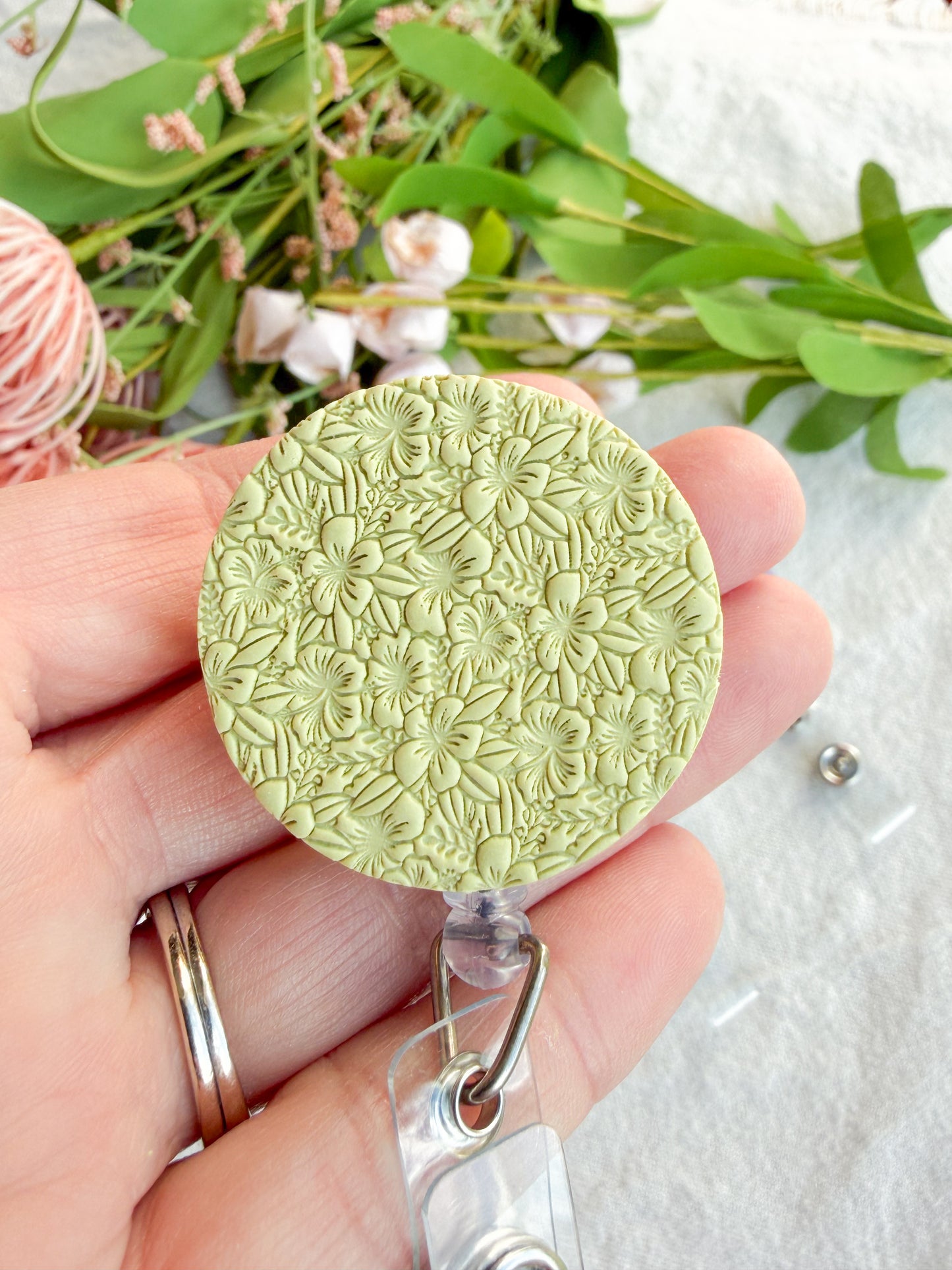 Floral Polymer Clay ID Badge: Textured Bright Pastel Retractable Badge