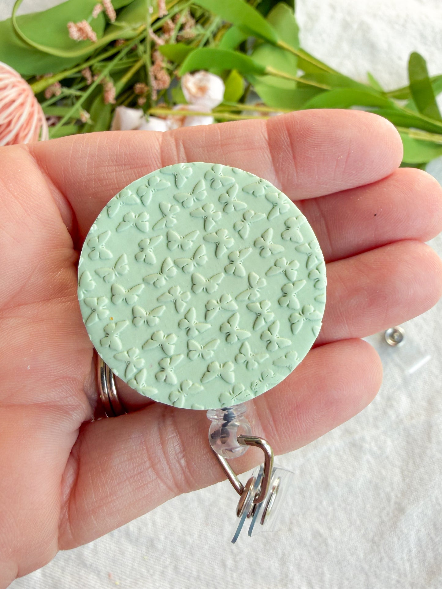 Floral Polymer Clay ID Badge: Textured Bright Pastel Retractable Badge