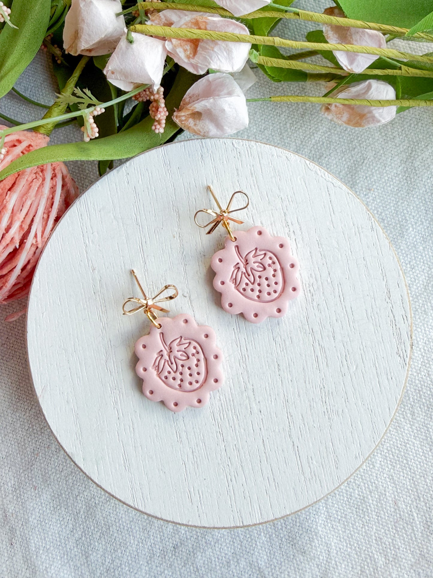 Pink Blossom Strawberry Scalloped Polymer Clay Earrings