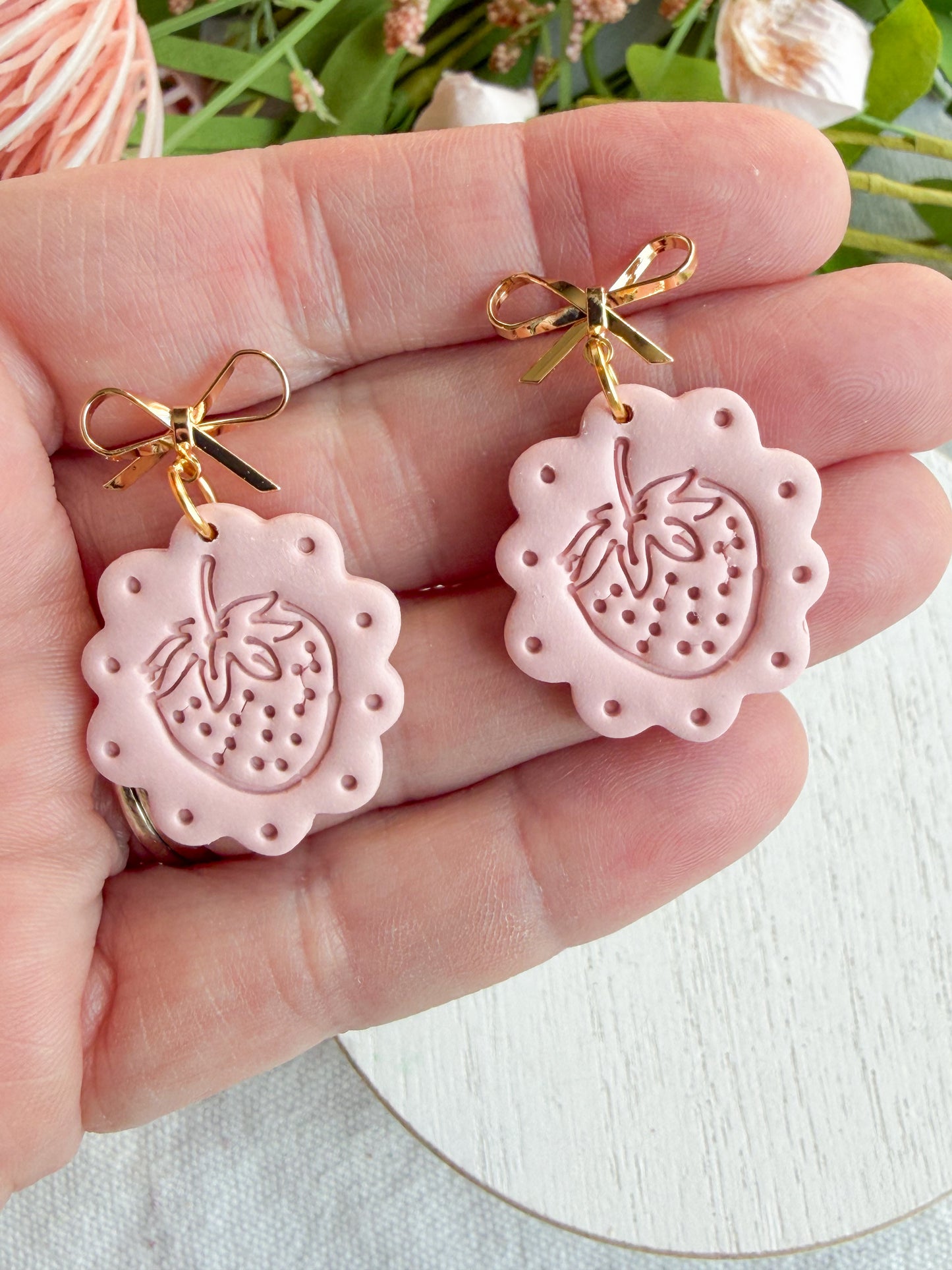 Pink Blossom Strawberry Scalloped Polymer Clay Earrings
