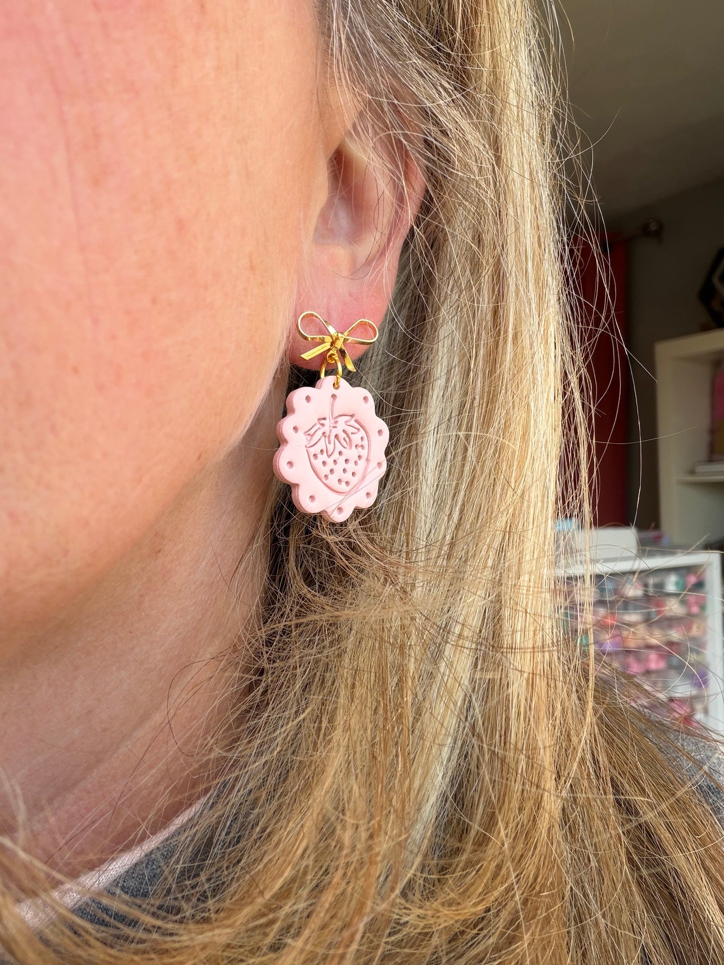 Pink Blossom Strawberry Scalloped Polymer Clay Earrings