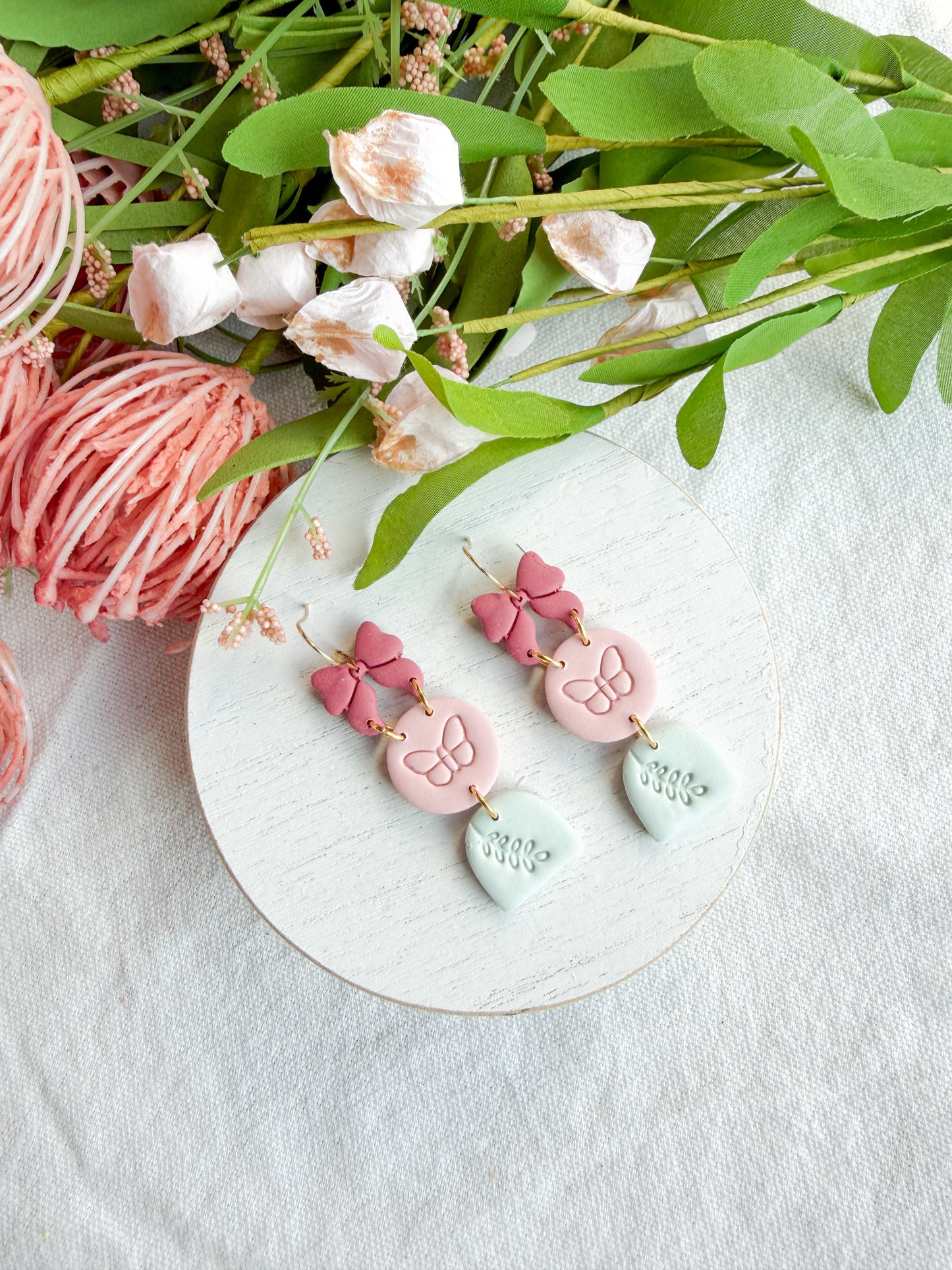Whimsical Spring Trio Bow Butterfly Branch Polymer Clay Earrings