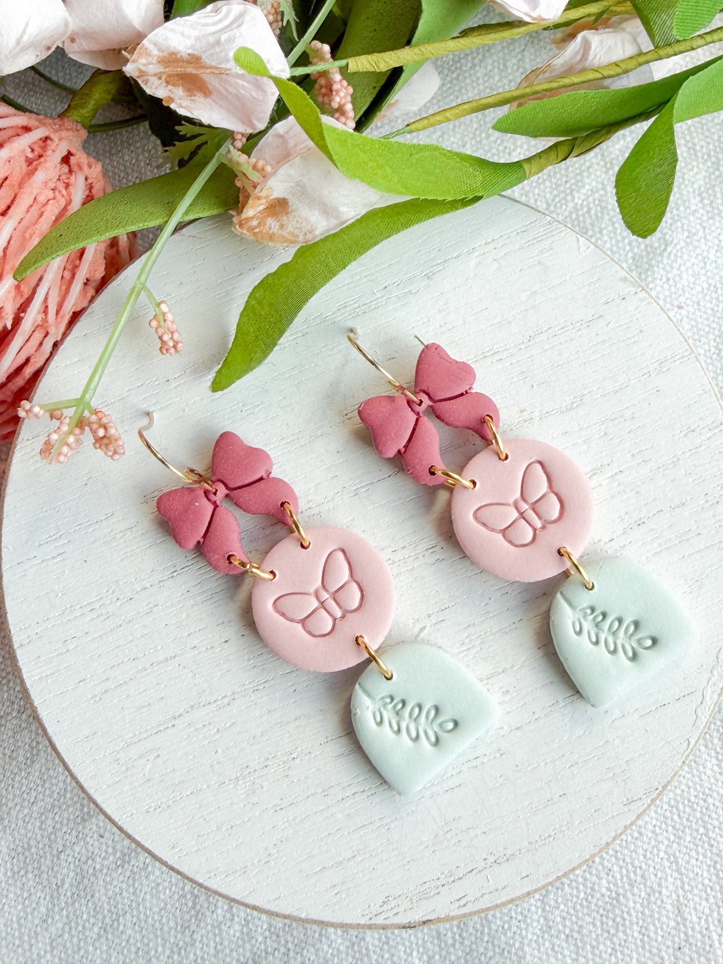Whimsical Spring Trio Bow Butterfly Branch Polymer Clay Earrings