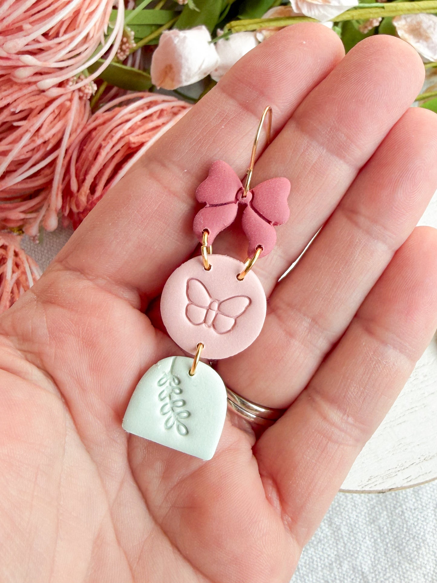 Whimsical Spring Trio Bow Butterfly Branch Polymer Clay Earrings