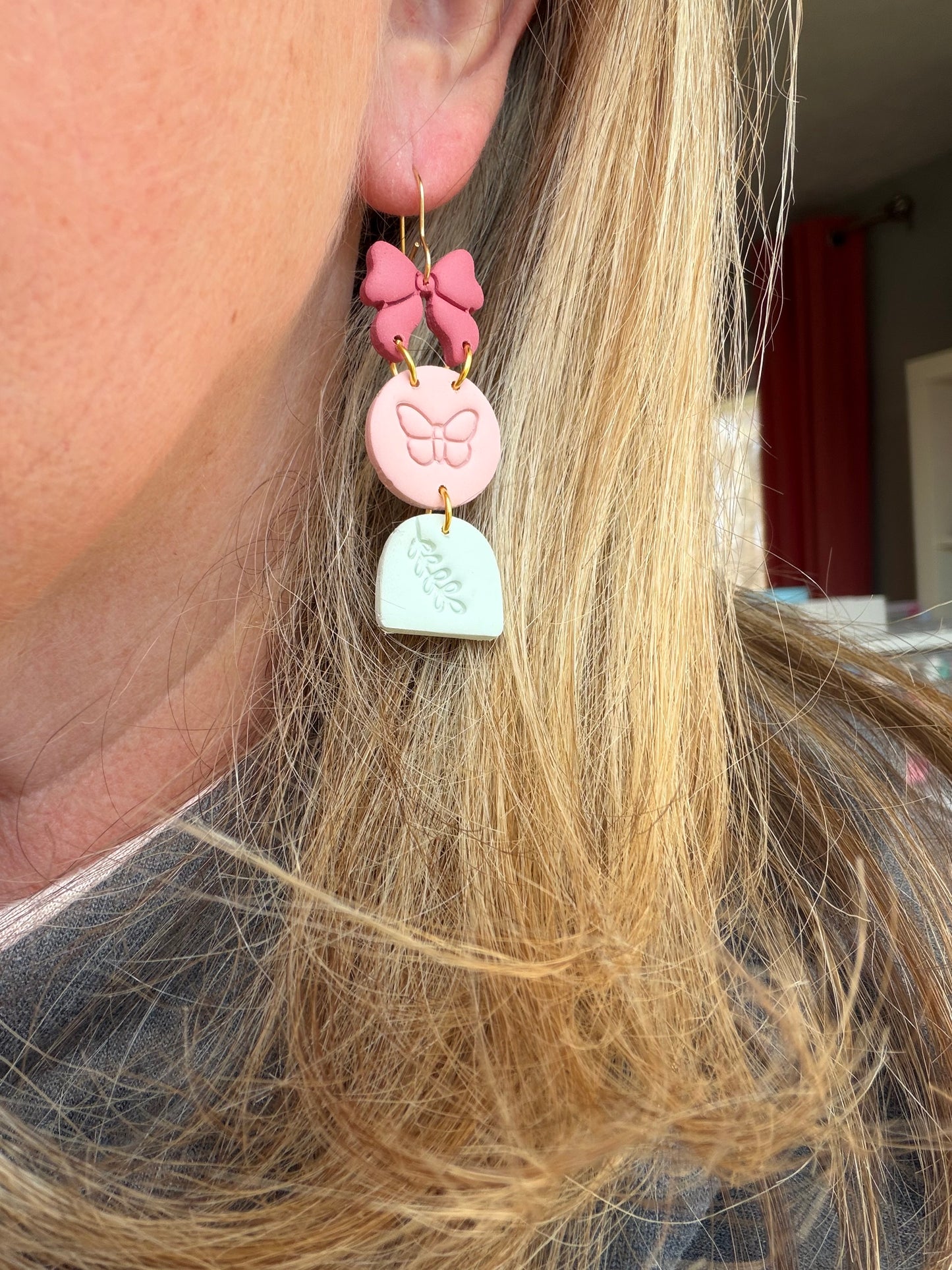 Whimsical Spring Trio Bow Butterfly Branch Polymer Clay Earrings