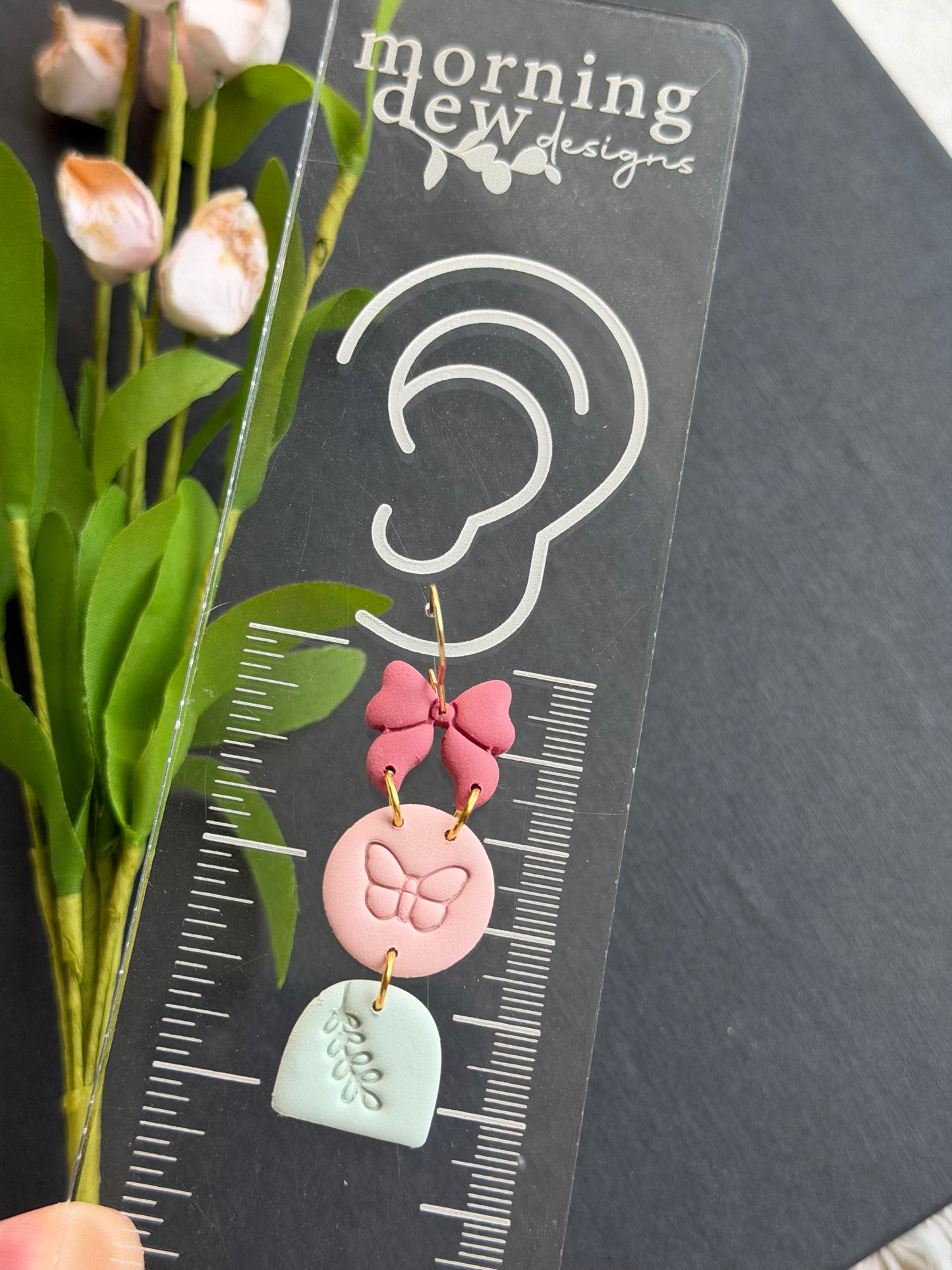 Whimsical Spring Trio Bow Butterfly Branch Polymer Clay Earrings